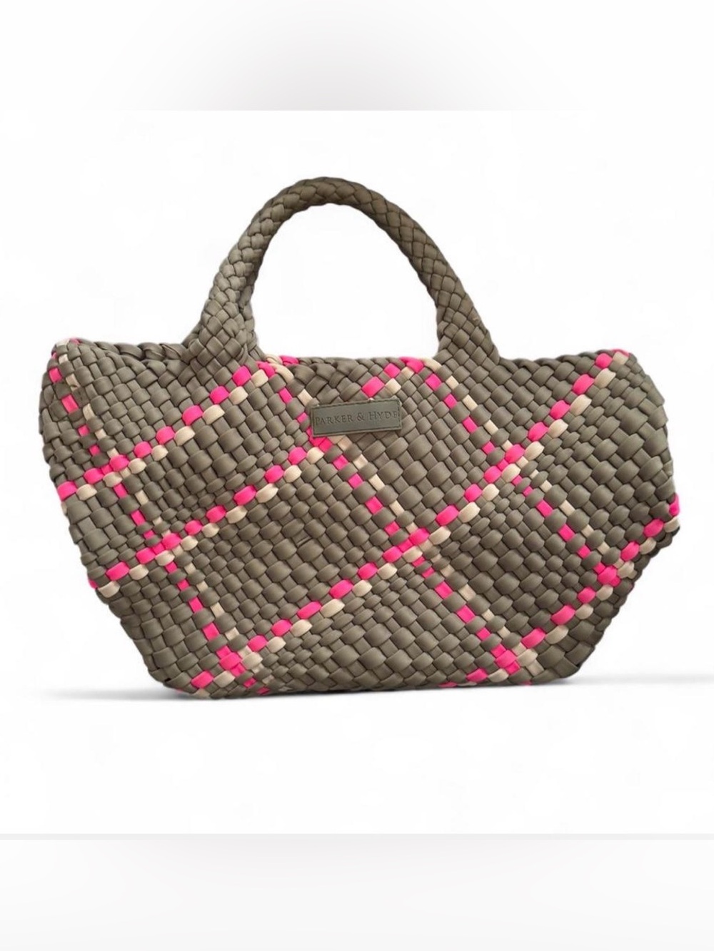 Parker & Hyde olive & pink woven lattice pattern tote. Very good condition!